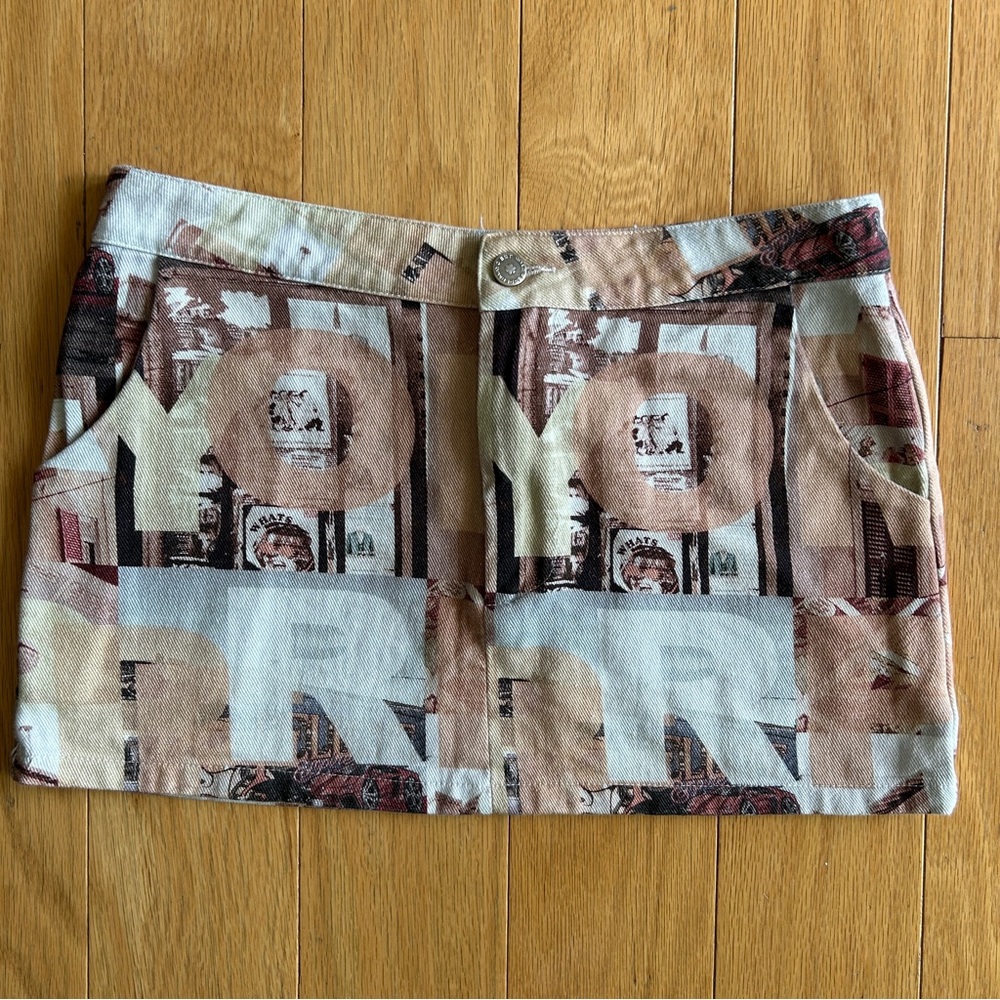 Peppermayo Y2K Denim Graphic Mini Skirt Brown Cream Tan Letters Race Cars US 4 - Picture 2 of 7